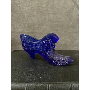 Fenton Shoe Slipper Cat's Head Cobalt Blue Daisy & Buttons Figurine Vintage